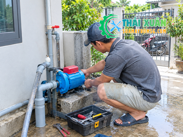 Thợ sửa chữa máy bơm nước Dĩ An kiểm tra bơm gia đình tại Dĩ An