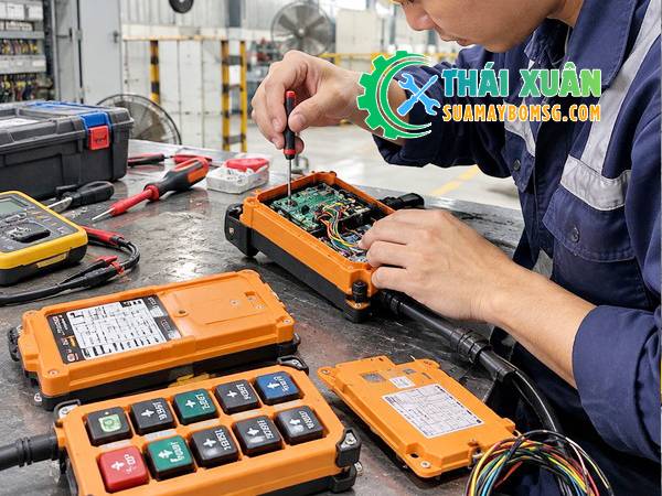 Kỹ thuật viên Cơ Điện Thái Xuân sửa chữa bo mạch tay bấm và hộp thu sóng remote cầu trục